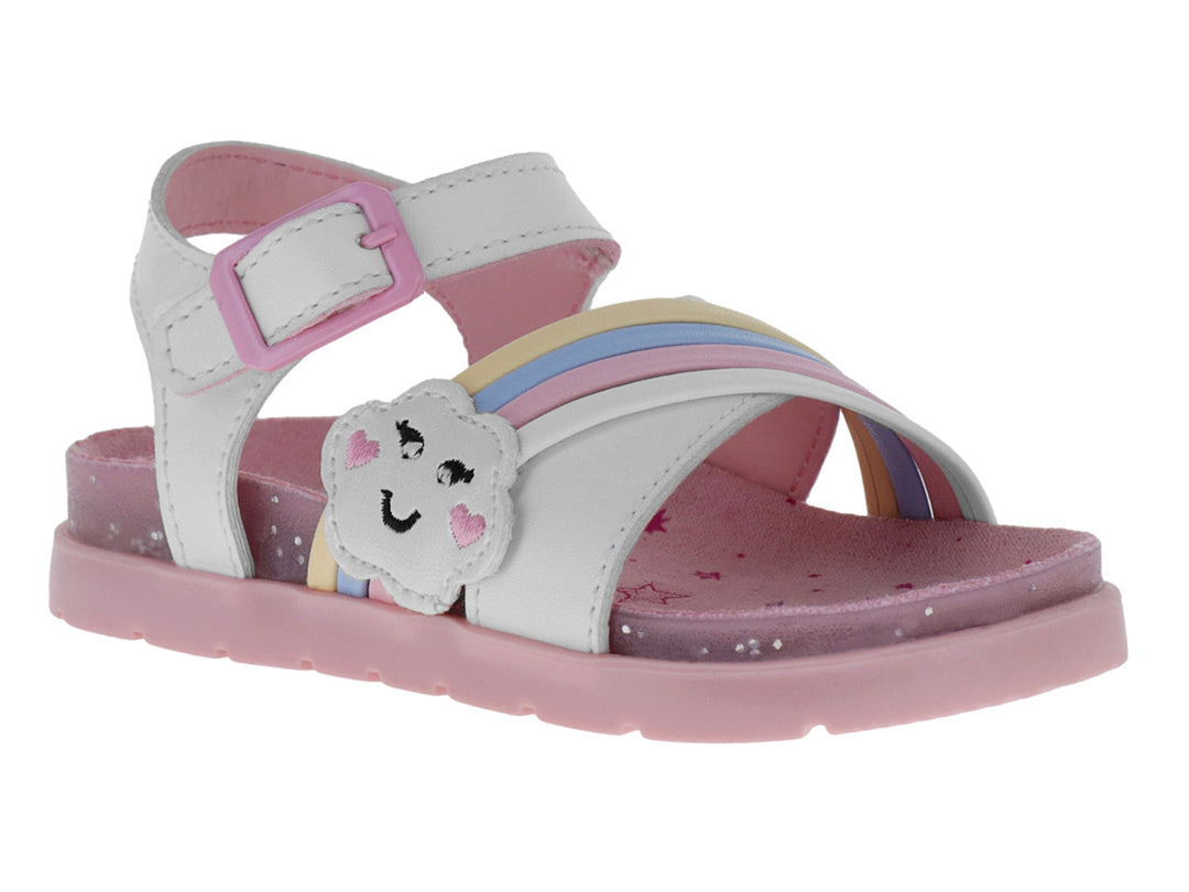 Sandalia blanca para niña con suela rosa, adornos de nube y arcoíris.