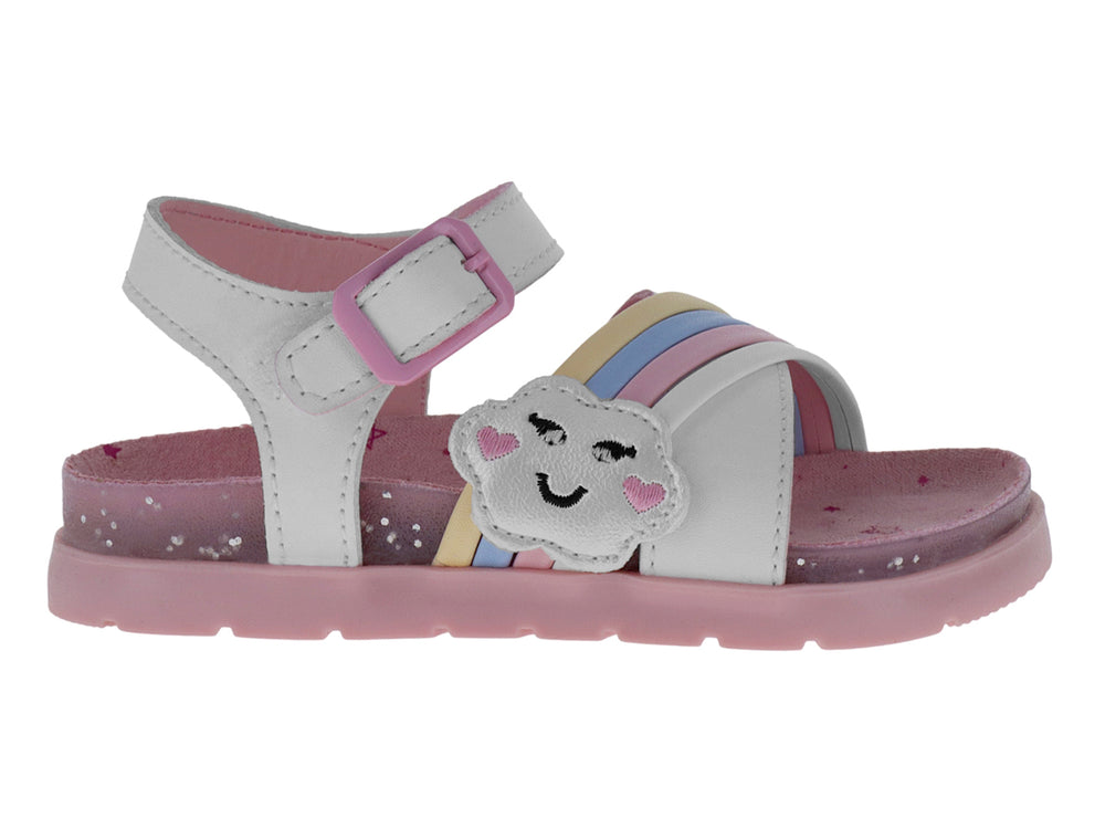 Sandalia blanca para niña con suela rosa, adornos de nube y arcoíris.