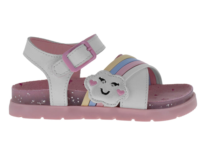 Sandalia blanca para niña con suela rosa, adornos de nube y arcoíris.