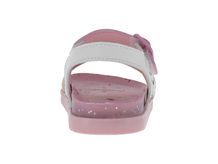 Sandalia blanca para niña con suela rosa, adornos de nube y arcoíris.