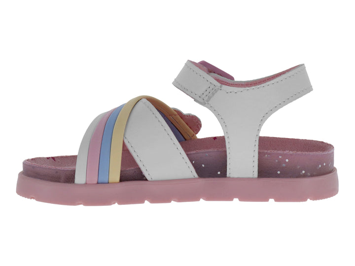 Sandalia blanca para niña con suela rosa, adornos de nube y arcoíris.