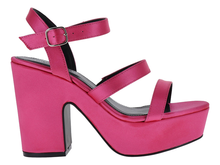 Sandalia de plataforma color rosa pitaya con tacón grueso y correas cruzadas para mujer.