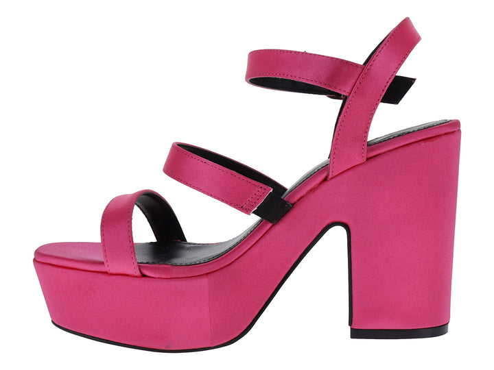 Sandalia de plataforma color rosa pitaya con tacón grueso y correas cruzadas para mujer.
