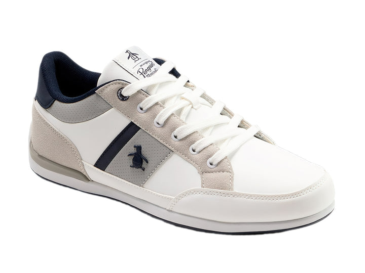 Tenis Penguin color blanco con detalles en gris y azul marino, diseño casual con agujetas blancas.