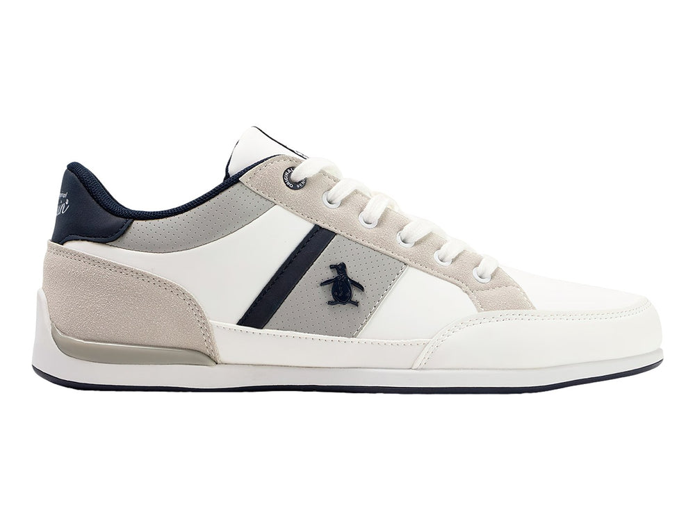 Tenis Penguin color blanco con detalles en gris y azul marino, diseño casual con agujetas blancas.