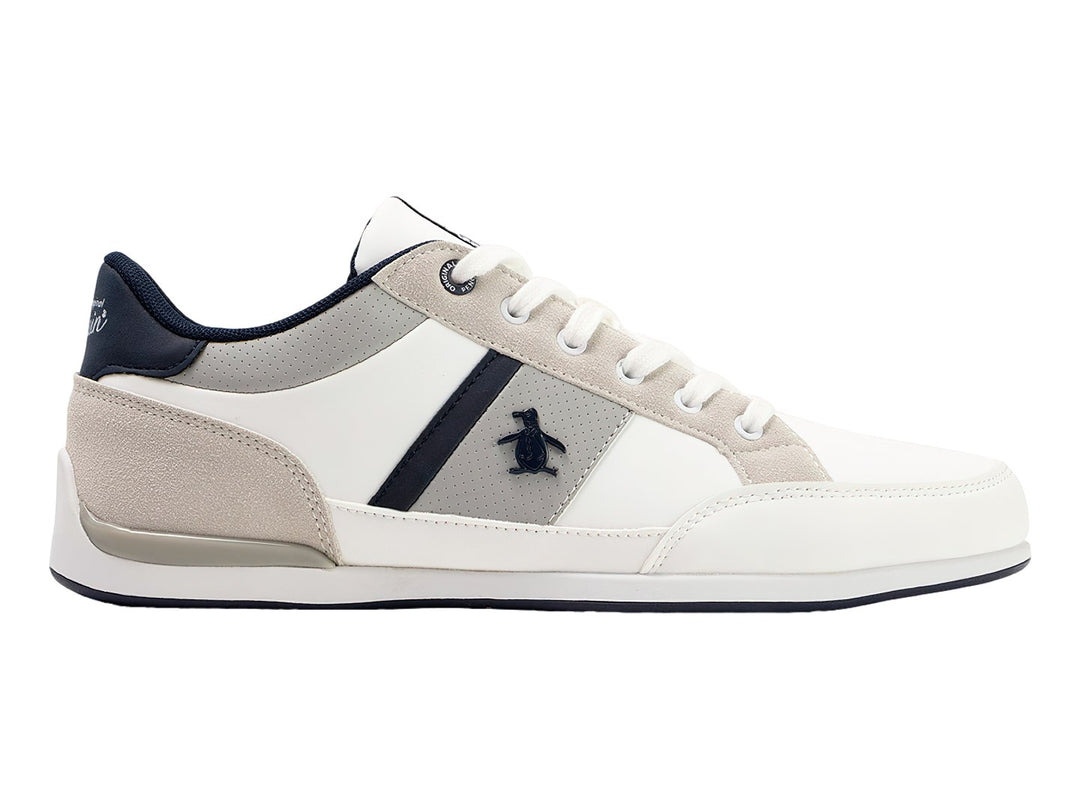 Tenis Penguin color blanco con detalles en gris y azul marino, diseño casual con agujetas blancas.