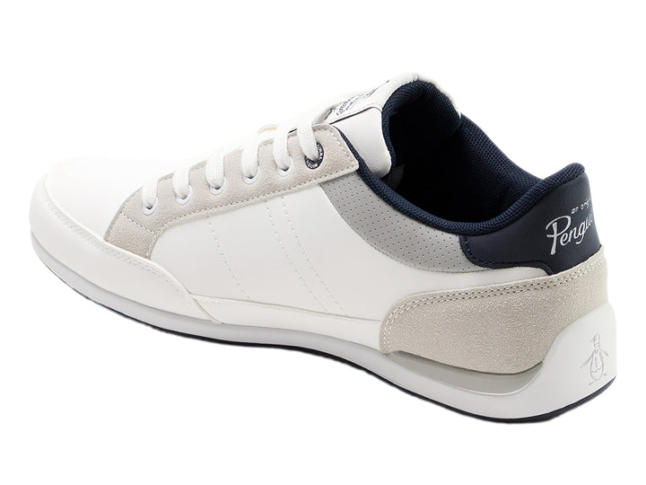 Tenis Penguin color blanco con detalles en gris y azul marino, diseño casual con agujetas blancas.