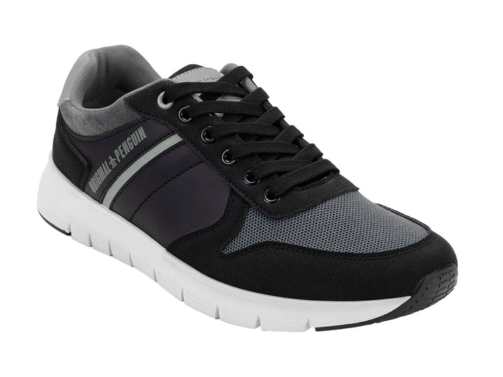 Tenis deportivos Penguin en color negro y gris con suela blanca y cordones negros.