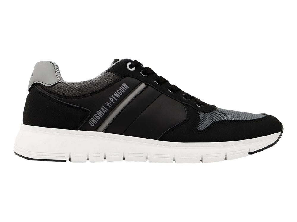 Tenis deportivos Penguin en color negro y gris con suela blanca y cordones negros.