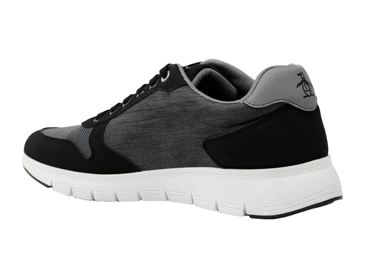 Tenis deportivos Penguin en color negro y gris con suela blanca y cordones negros.