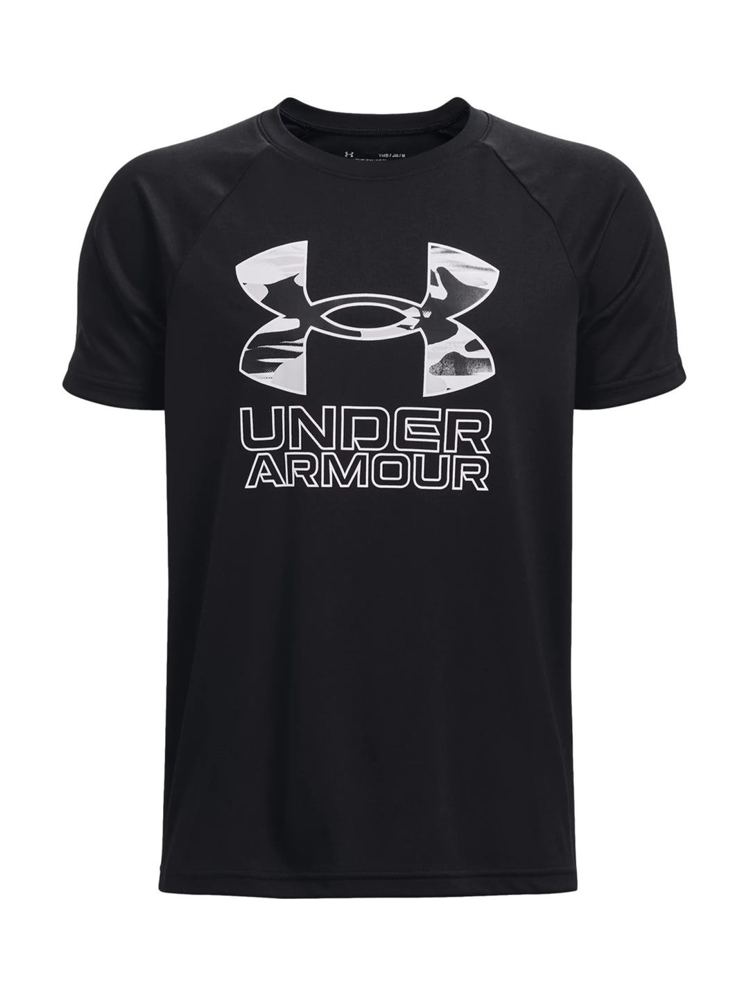 Playera deportiva Under Armour de color negro con logotipo y nombre de la marca en el pecho.