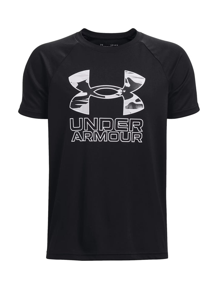 Playera deportiva Under Armour de color negro con logotipo y nombre de la marca en el pecho.