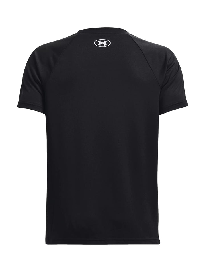 Playera deportiva Under Armour de color negro con logotipo y nombre de la marca en el pecho.