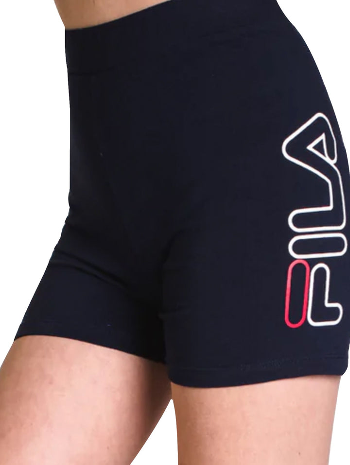 Shorts deportivos tipo bike de cintura alta color azul marino con logotipo FILA lateral.