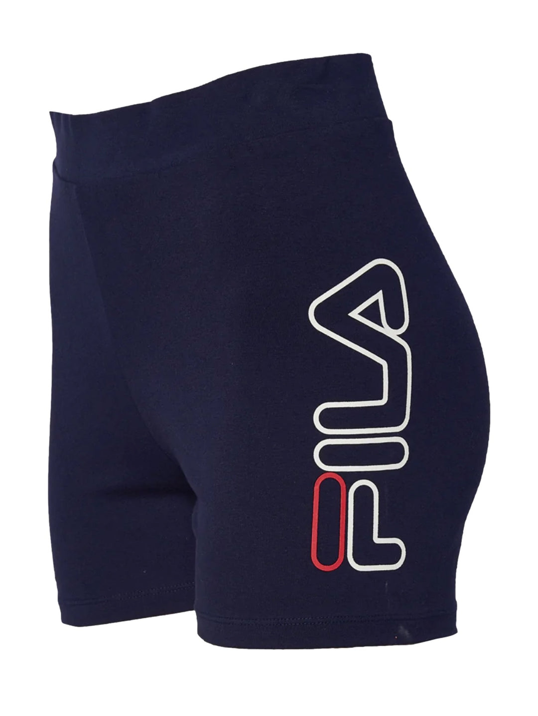 Shorts deportivos tipo bike de cintura alta color azul marino con logotipo FILA lateral.