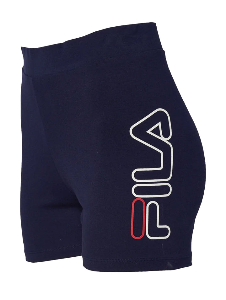 Shorts deportivos tipo bike de cintura alta color azul marino con logotipo FILA lateral.