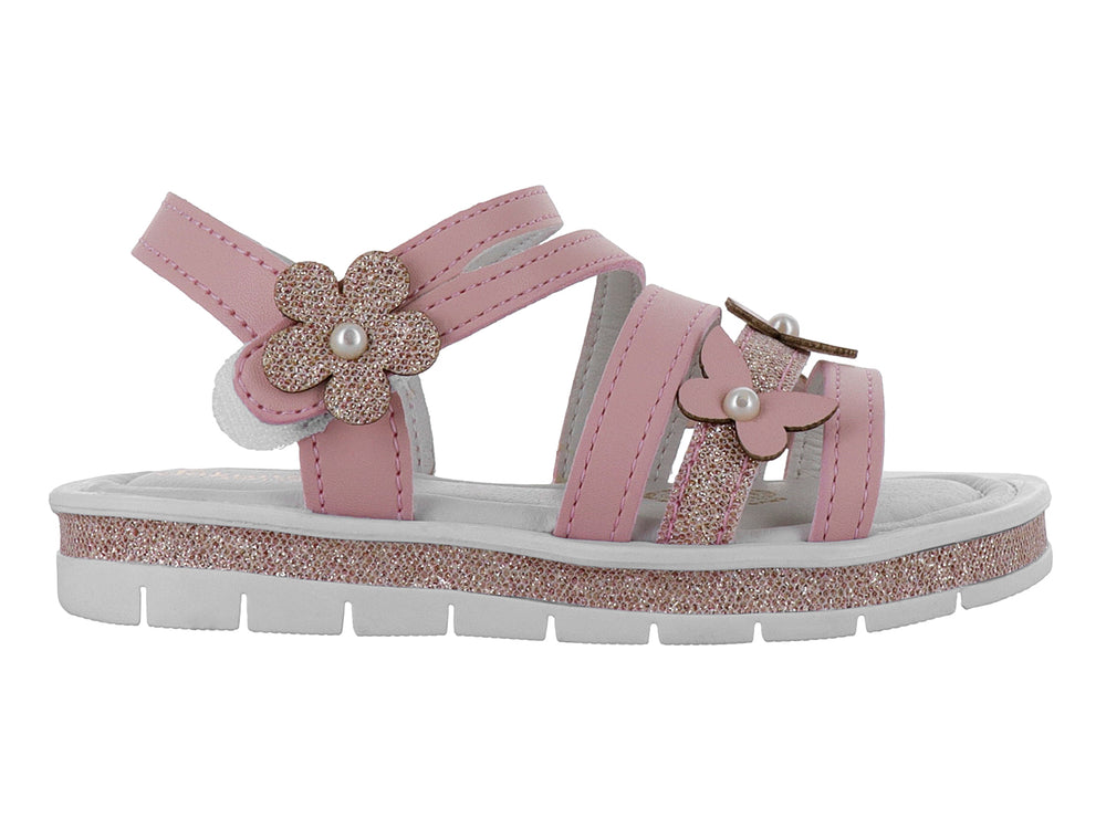 Sandalias rosas para niña con plataforma brillante y adornos de flores con perlas.
