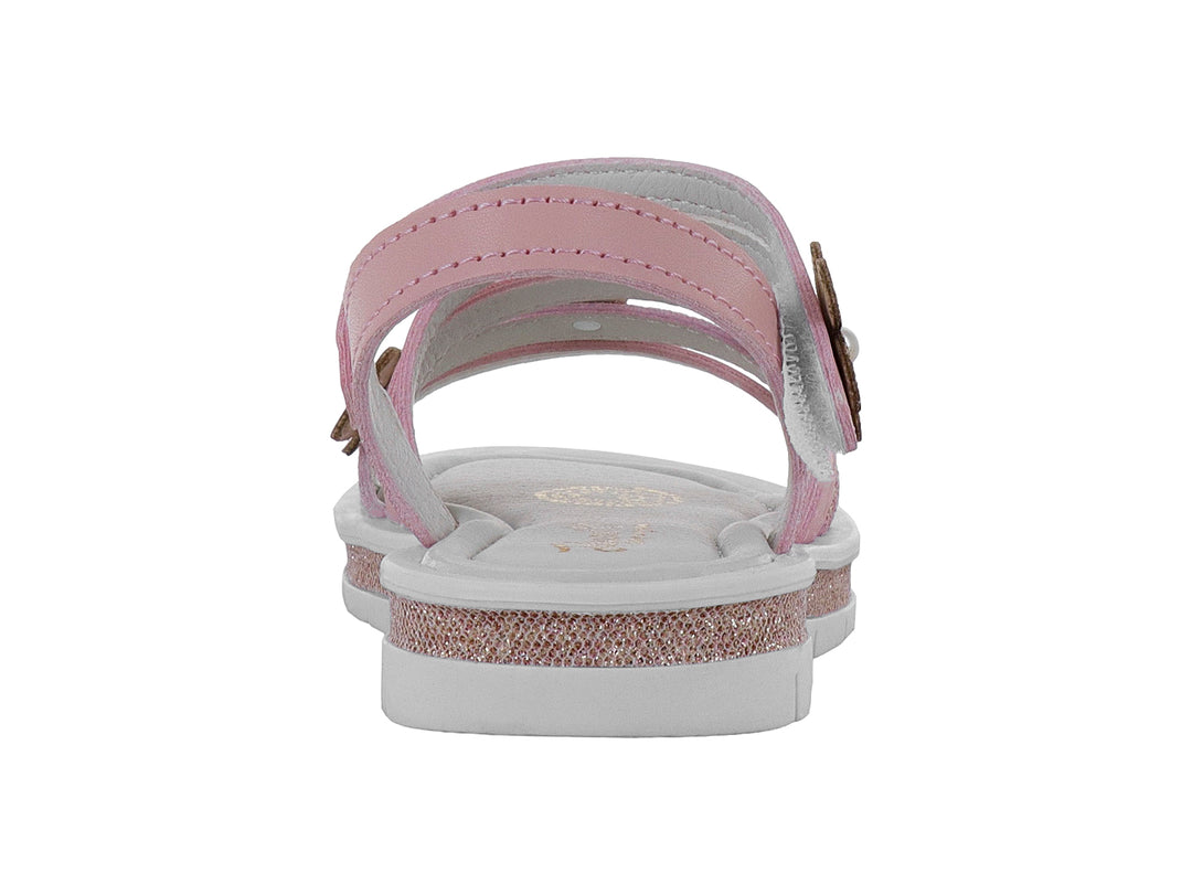 Sandalias rosas para niña con plataforma brillante y adornos de flores con perlas.