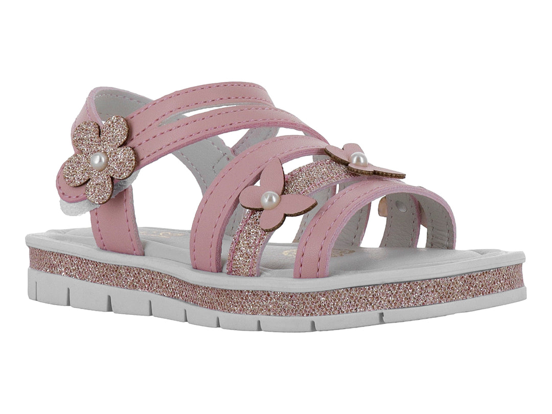 Sandalia rosa para niña con decoraciones de flores brillantes y perlas blancas.