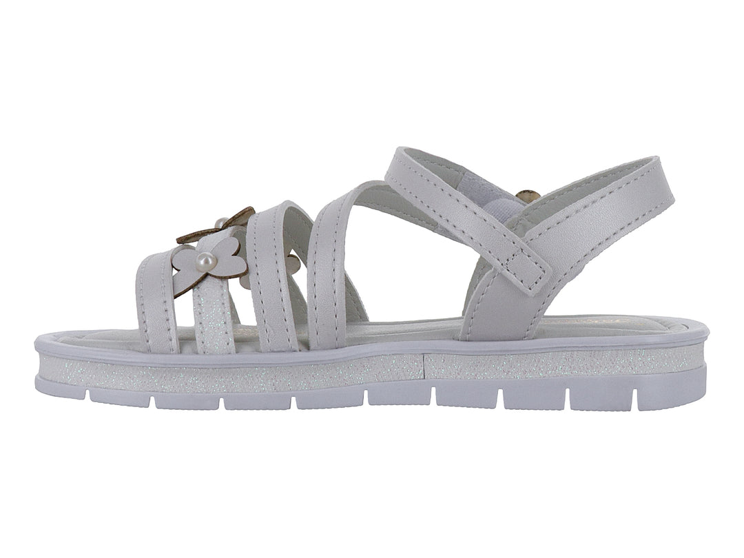Sandalia blanca para niña con plataforma brillante y adornos de flores en las correas.
