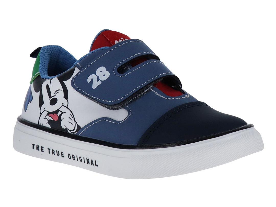 Zapato deportivo infantil azul y blanco con diseño de Mickey Mouse y cierre de velcro.