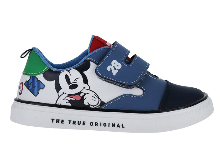 Zapato deportivo infantil azul y blanco con diseño de Mickey Mouse y cierre de velcro.