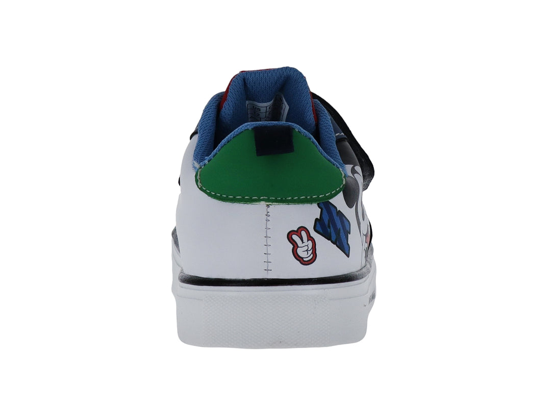 Zapato deportivo infantil azul y blanco con diseño de Mickey Mouse y cierre de velcro.