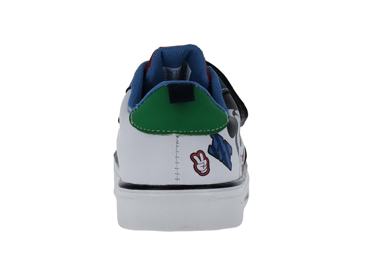 Zapato deportivo infantil azul y blanco con diseño de Mickey Mouse y cierre de velcro.
