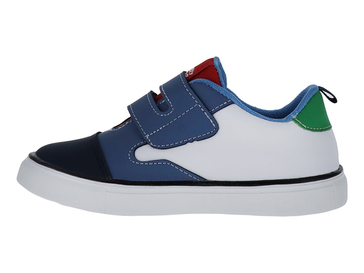 Zapato deportivo infantil azul y blanco con diseño de Mickey Mouse y cierre de velcro.