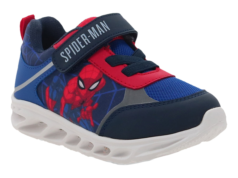 Tenis deportivos para niño en color azul cobalto con diseño de Spider-Man y suela blanca.
