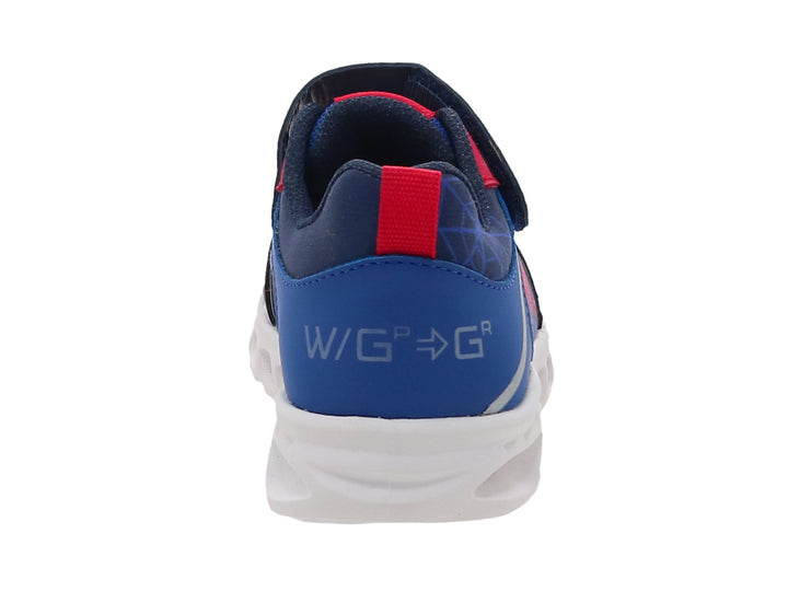 Tenis deportivos para niño en color azul cobalto con diseño de Spider-Man y suela blanca.