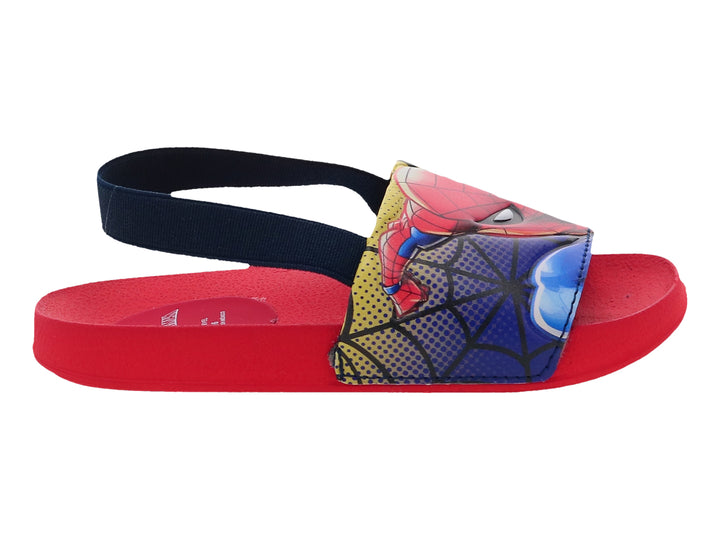 Sandalia tipo slide roja y azul con estampado de Spiderman.