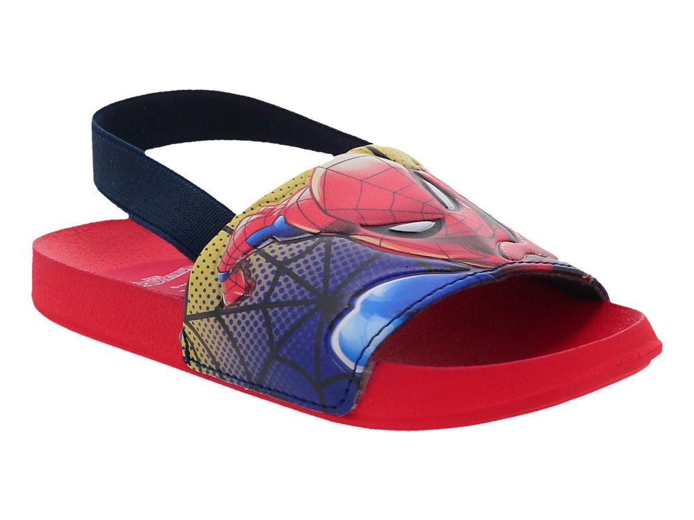 Sandalia tipo slide roja y azul con estampado de Spiderman.