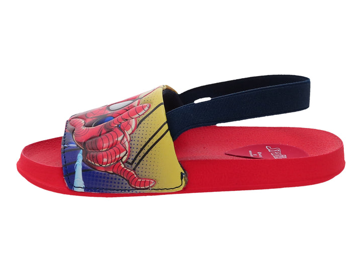 Sandalia tipo slide roja y azul con estampado de Spiderman.