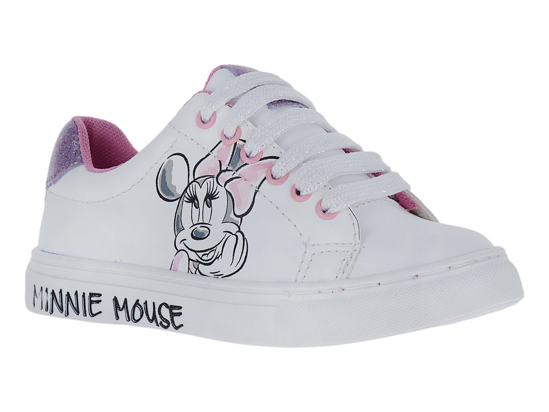 Tenis blancos para niña con estampado de Minnie Mouse y detalles en color rosa.