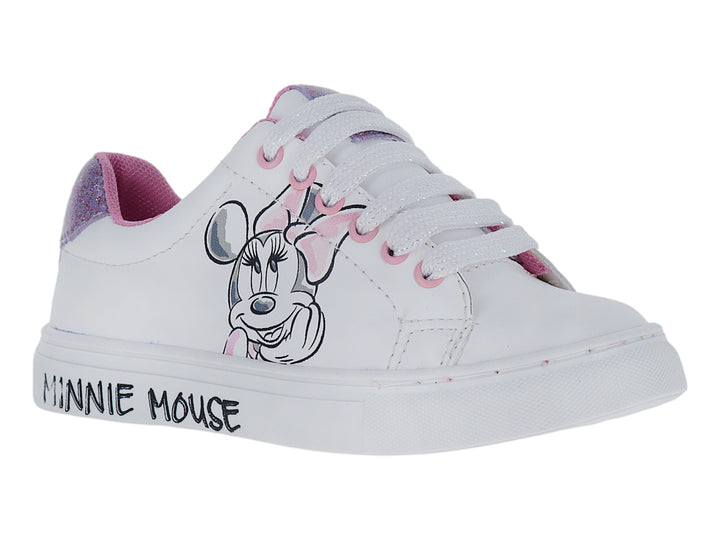 Tenis blancos para niña con estampado de Minnie Mouse y detalles en color rosa.