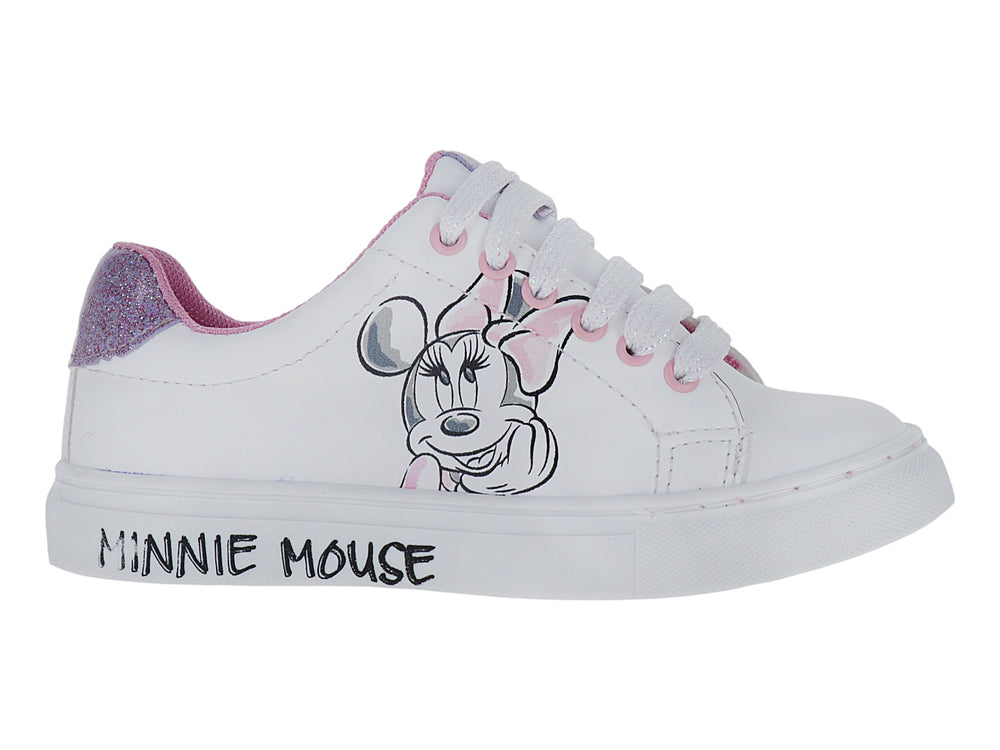 Tenis blancos para niña con estampado de Minnie Mouse y detalles en color rosa.