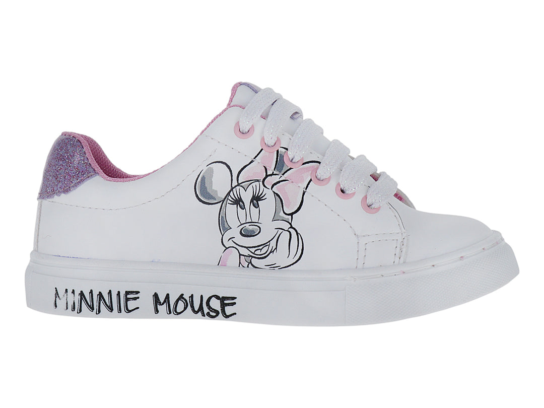 Tenis blancos para niña con estampado de Minnie Mouse y detalles en color rosa.