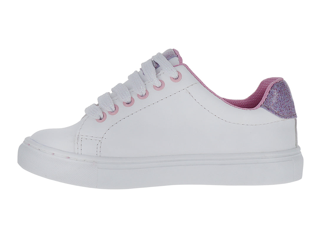 Tenis blancos para niña con estampado de Minnie Mouse y detalles en color rosa.