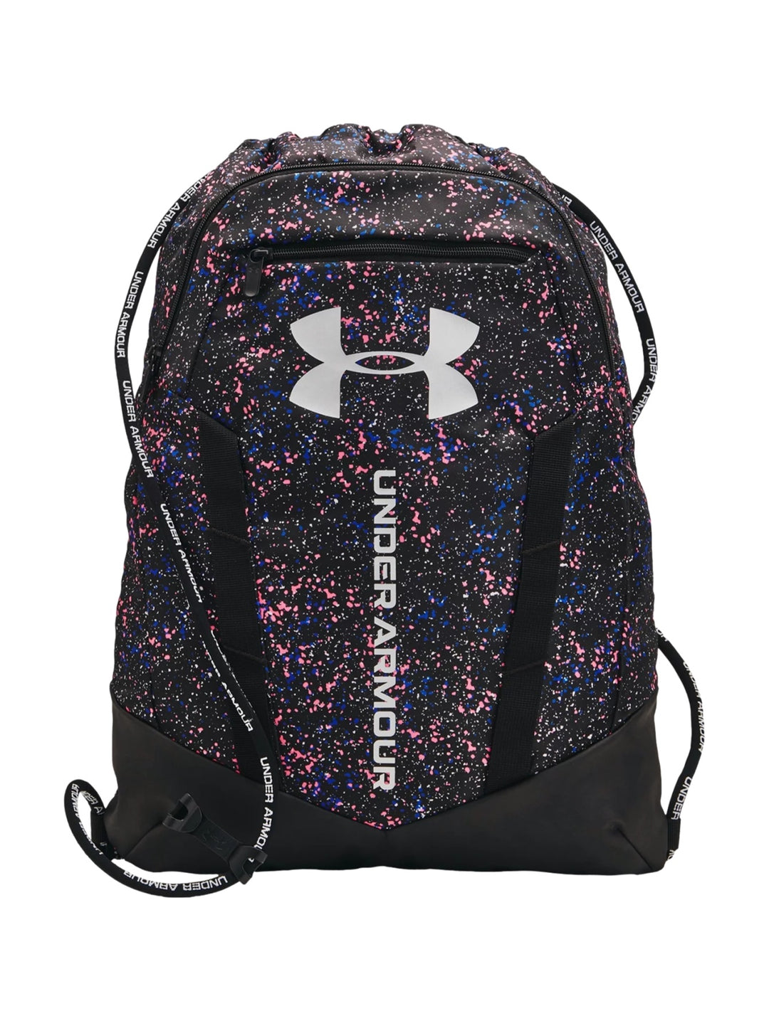 Mochila Under Armour Undeniable Sackpack color negro con estampado multicolor de salpicaduras y logo blanco frontal.
