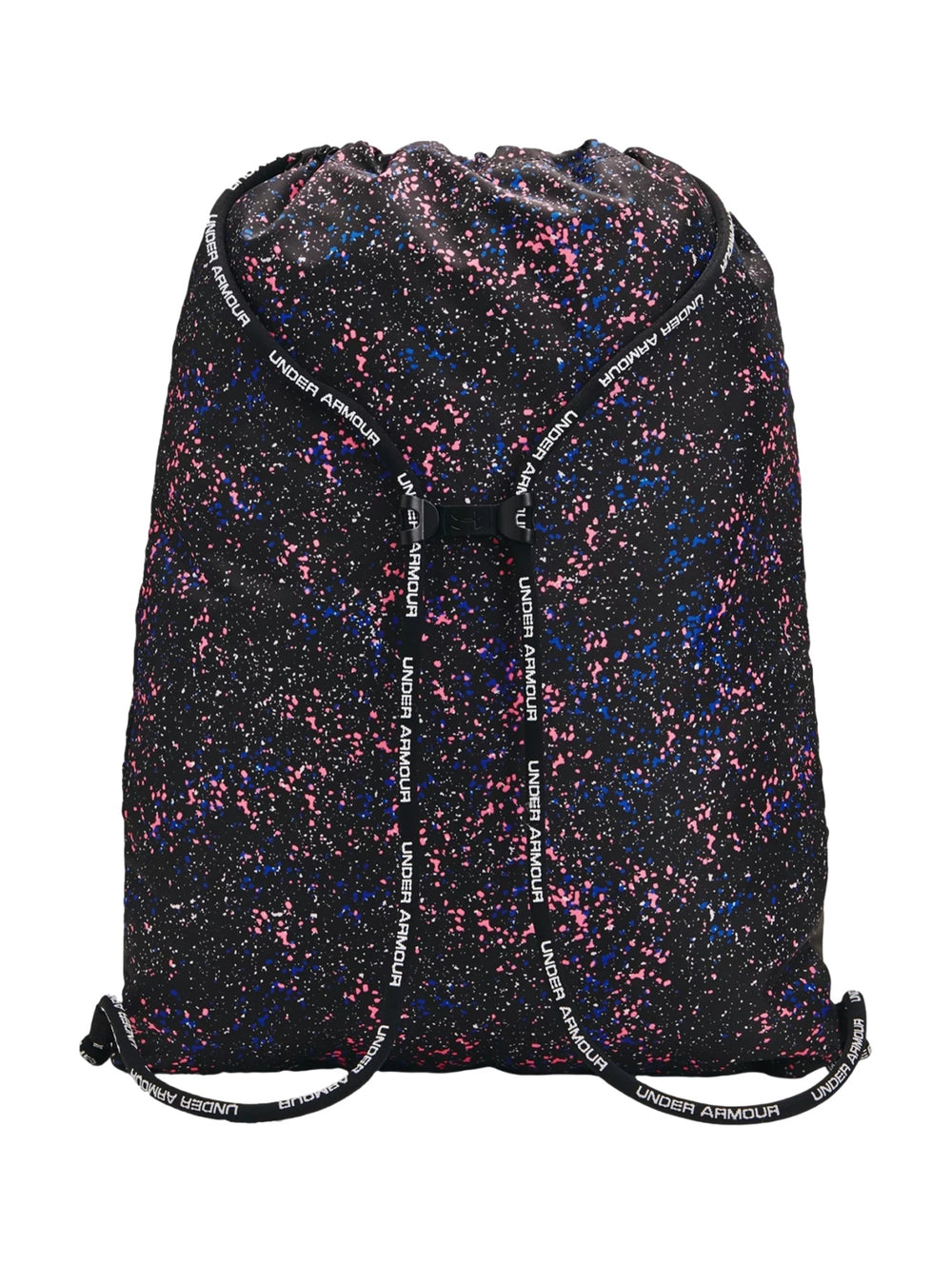 Mochila Under Armour Undeniable Sackpack color negro con estampado multicolor de salpicaduras y logo blanco frontal.