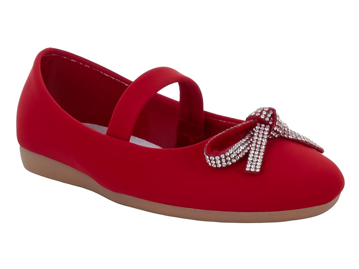 Zapato plano rojo para niña con correa y moño decorativo con brillantes en la punta.