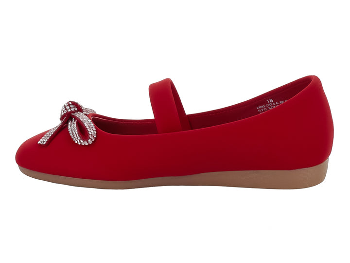 Zapato plano rojo para niña con correa y moño decorativo con brillantes en la punta.