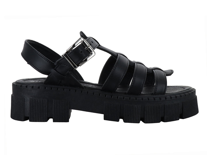 Sandalia negra de plataforma con suela track y correa ajustable con hebilla plateada.