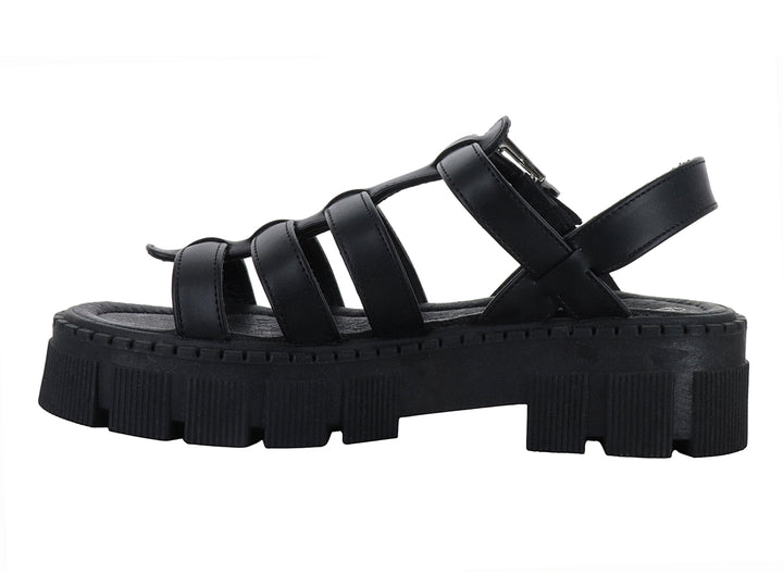 Sandalia negra de plataforma con suela track y correa ajustable con hebilla plateada.