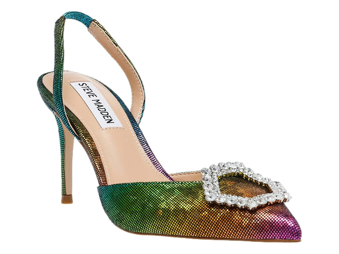 Zapato de tacón Steve Madden multicolor brillante con punta cerrada y adorno de cristales en la parte frontal.