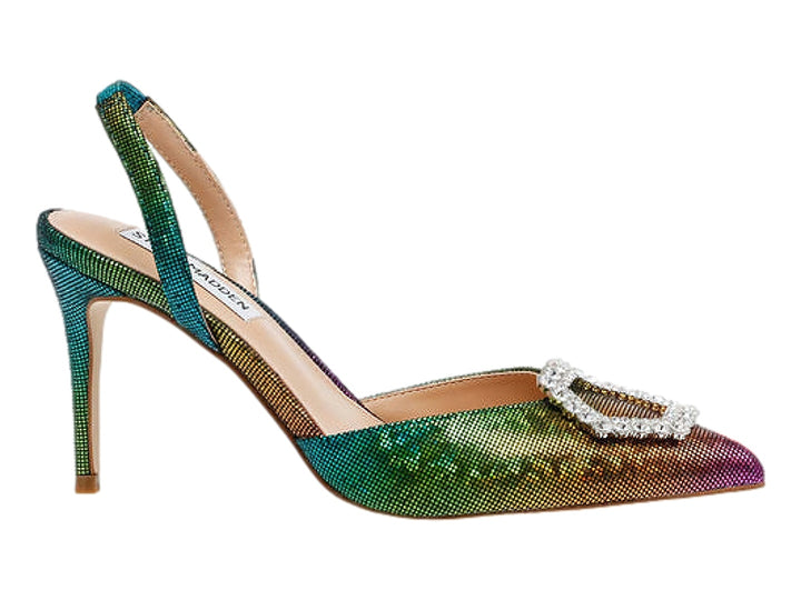 Zapato de tacón Steve Madden multicolor brillante con punta cerrada y adorno de cristales en la parte frontal.