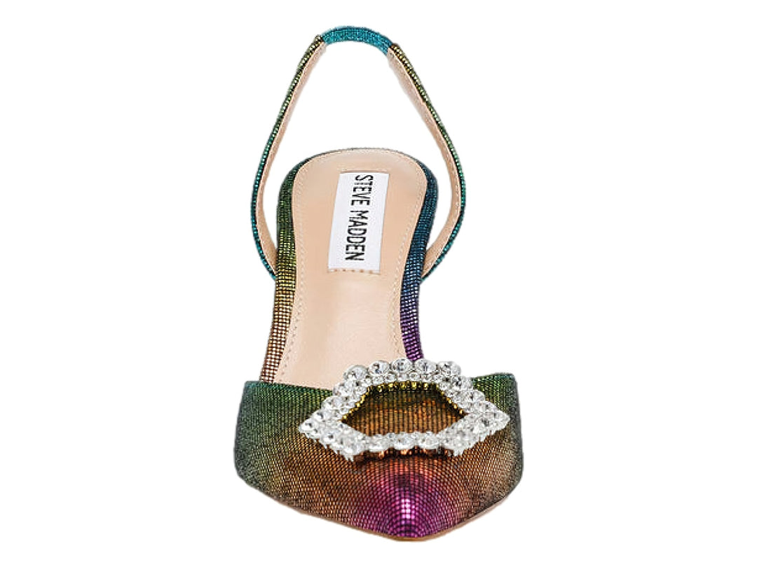 Zapato de tacón Steve Madden multicolor brillante con punta cerrada y adorno de cristales en la parte frontal.