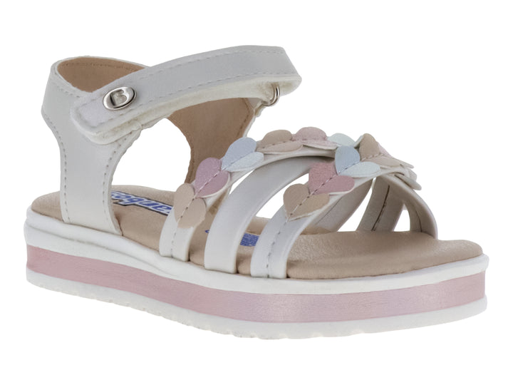 Sandalia para niña color perla con plataforma rosa y detalles decorativos en forma de corazones multicolores.