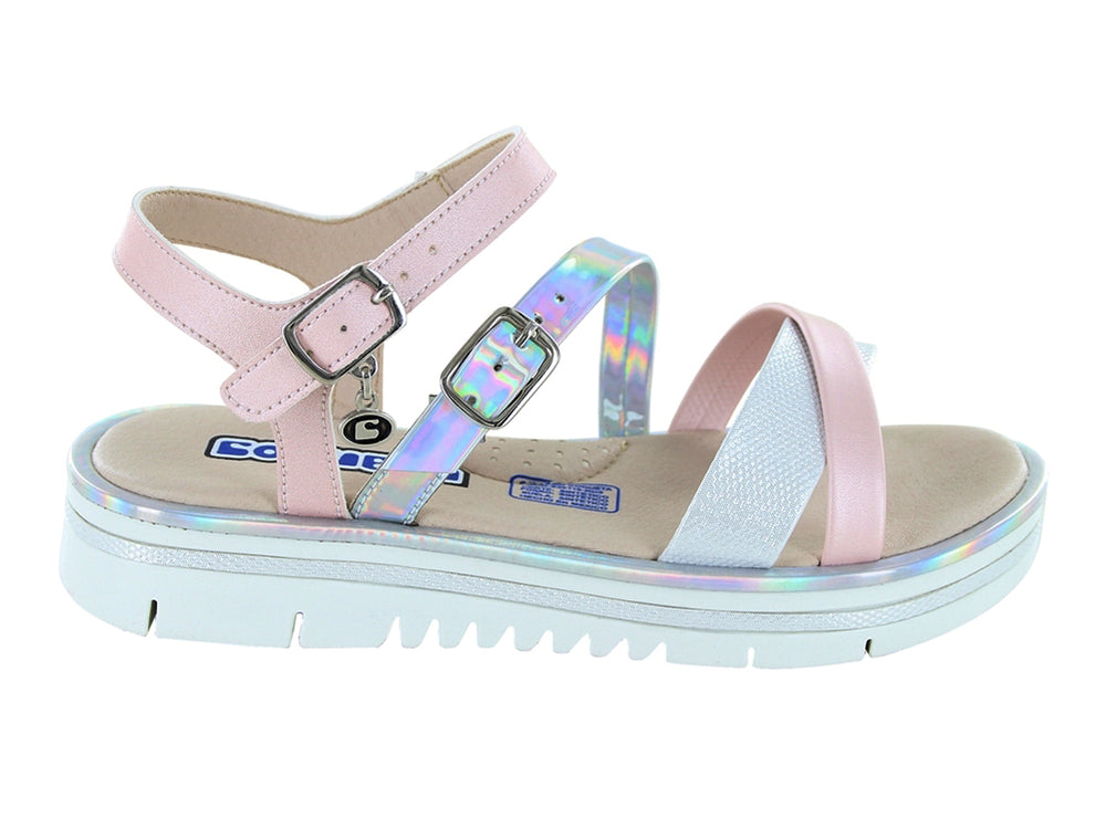 Sandalia para niña color rosa y plata con suela blanca de plataforma y correas con hebilla.